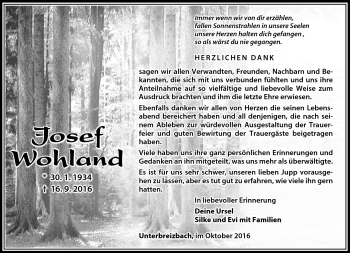 Traueranzeige von Josef Wohland von Südthüringer Presse
