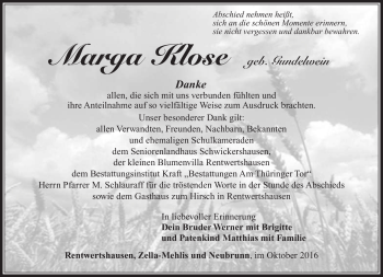 Traueranzeige von Marga Klose von Südthüringer Presse