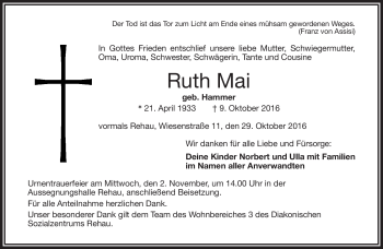 Traueranzeige von Ruth Mai von Frankenpost