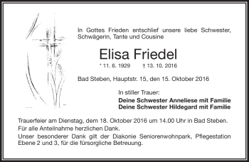 Traueranzeige von Elisa Friedel von Frankenpost