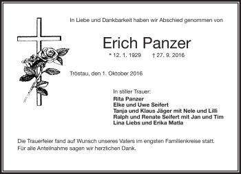 Traueranzeige von Erich Panzer von Frankenpost