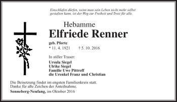 Traueranzeige von Elfriede Renner von Südthüringer Presse