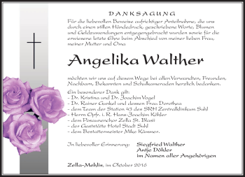 Traueranzeige von Angelika Walther von Südthüringer Presse