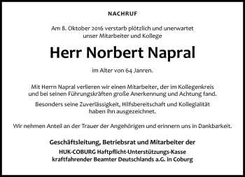 Traueranzeige von Norbert Napral von Neue Presse Coburg
