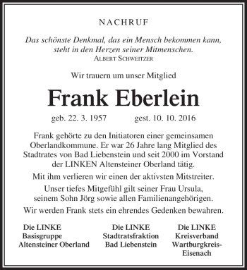 Traueranzeige von Frank Eberlein von Südthüringer Presse