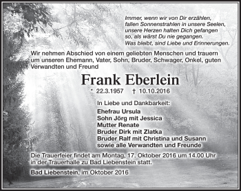Traueranzeige von Frank Eberlein von Südthüringer Presse