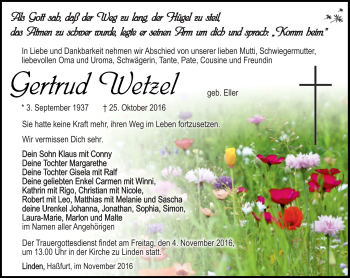 Traueranzeige von Gertrud Wetzel von Südthüringer Presse