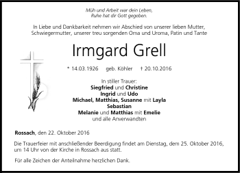 Traueranzeige von Irmgard Grell von Neue Presse Coburg