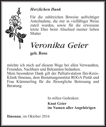 Traueranzeige von Veronika Geier von Südthüringer Presse