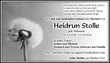 Traueranzeige von Heidrun Stolle von Südthüringer Presse