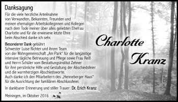 Traueranzeige von Charlotte Kranz von Südthüringer Presse