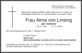 Traueranzeige von Alma von Linsing von Frankenpost