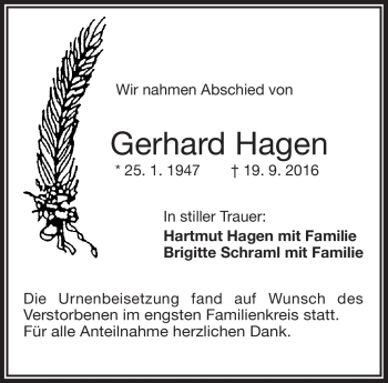 Traueranzeige von Gerhard hagen von Frankenpost