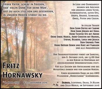 Traueranzeige von Fritz Hornawsky von Südthüringer Presse