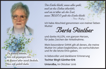 Traueranzeige von Berta Günther von Südthüringer Presse