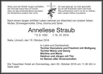 Traueranzeige von Anneliese Straub von Frankenpost