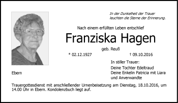 Traueranzeige von Franziska Hagen von Neue Presse Coburg
