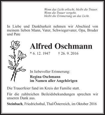 Traueranzeige von Alfred Oschmann von Südthüringer Presse