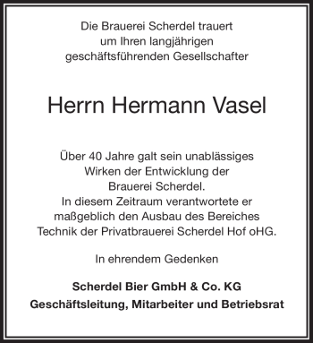 Traueranzeige von Hermann Vasel von Frankenpost