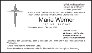 Traueranzeige von Marie Werner von Frankenpost