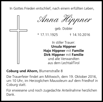 Traueranzeige von Anna Hippner von Neue Presse Coburg