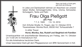 Traueranzeige von Olga Pleßgott von Frankenpost