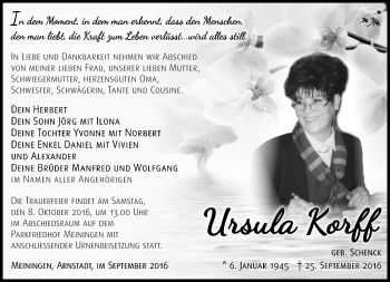 Traueranzeige von Ursula Korff von Südthüringer Presse