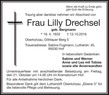 Traueranzeige von Lilly Drechsel von Frankenpost