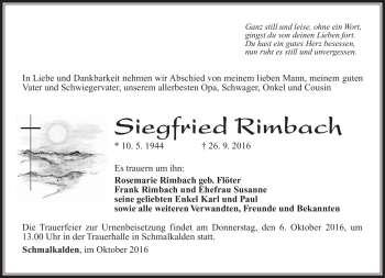 Traueranzeige von Siegfried Rimbach von Südthüringer Presse