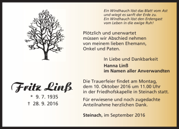 Traueranzeige von Fritz Linß von Südthüringer Presse