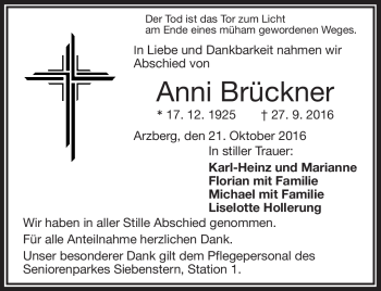 Traueranzeige von Anni Brückner von Frankenpost