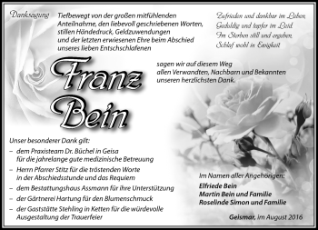 Traueranzeige von Franz Bein von Südthüringer Presse