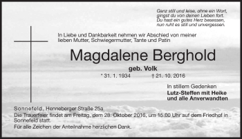 Traueranzeige von Magdalene Berghold von Neue Presse Coburg