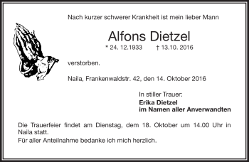 Traueranzeige von Alfons Dietzel von Frankenpost