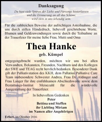 Traueranzeige von Thea Hanke von Südthüringer Presse