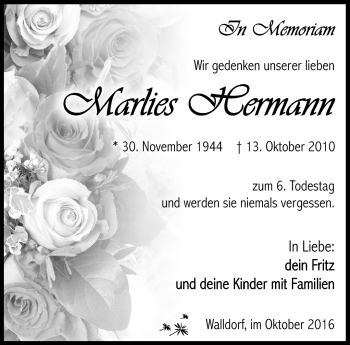Traueranzeige von Marlies Hermann von Südthüringer Presse