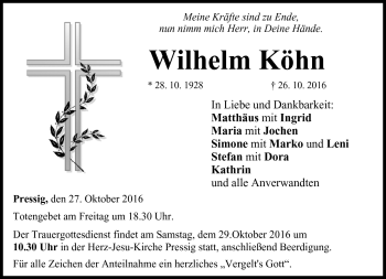 Traueranzeige von Wilhelm Köhn von Neue Presse Coburg