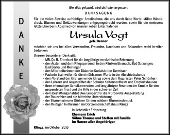Traueranzeige von Ursula Vogt von Südthüringer Presse
