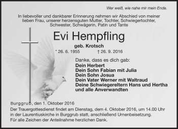 Traueranzeige von Evi Hempfling von Neue Presse Coburg