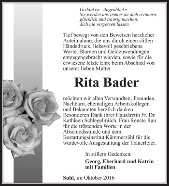 Traueranzeige von Rita Bader von Südthüringer Presse