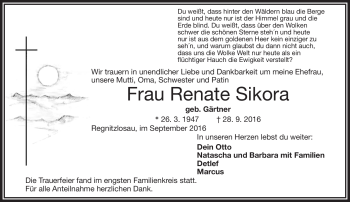 Traueranzeige von Renate Sikora von Frankenpost
