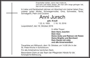 Traueranzeige von Anni Jursch von Frankenpost