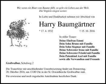 Traueranzeige von Harry Baumgärtner von Neue Presse Coburg