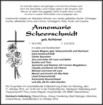 Traueranzeige von Annemarie Scheerschmidt von Südthüringer Presse