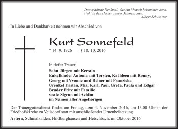 Traueranzeige von Kurt Sonnefeld von Südthüringer Presse