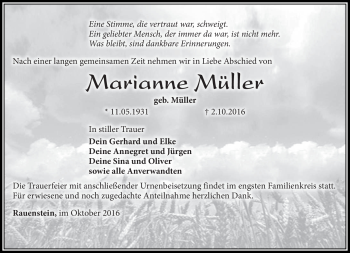 Traueranzeige von Marianne Müller von Südthüringer Presse