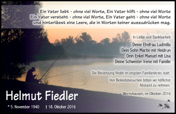 Traueranzeige von Helmut Fiedler von Südthüringer Presse