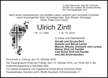 Traueranzeige von Ulrich Zintl von Neue Presse Coburg
