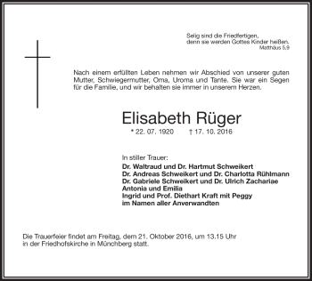 Traueranzeige von Elisabeth Rüger von Frankenpost