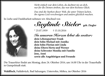 Traueranzeige von Sieglinde Stieler von Südthüringer Presse